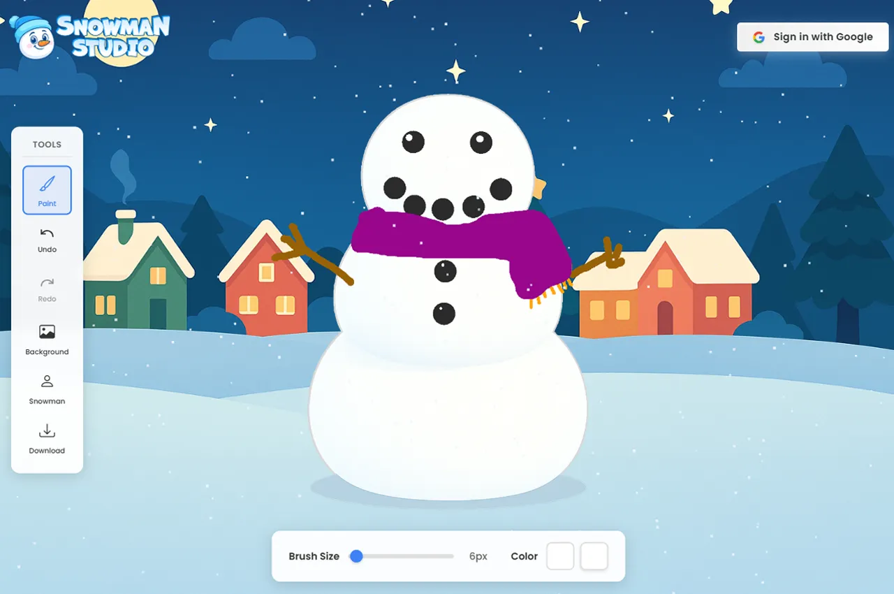Snowman builder background selection showing snowy forest and transparent option