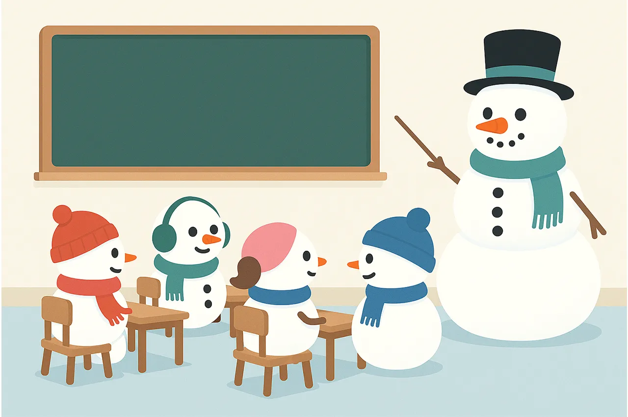 Illustration of snowmen in a classroom, representing creative winter projects for kids and families in Snowman Studio