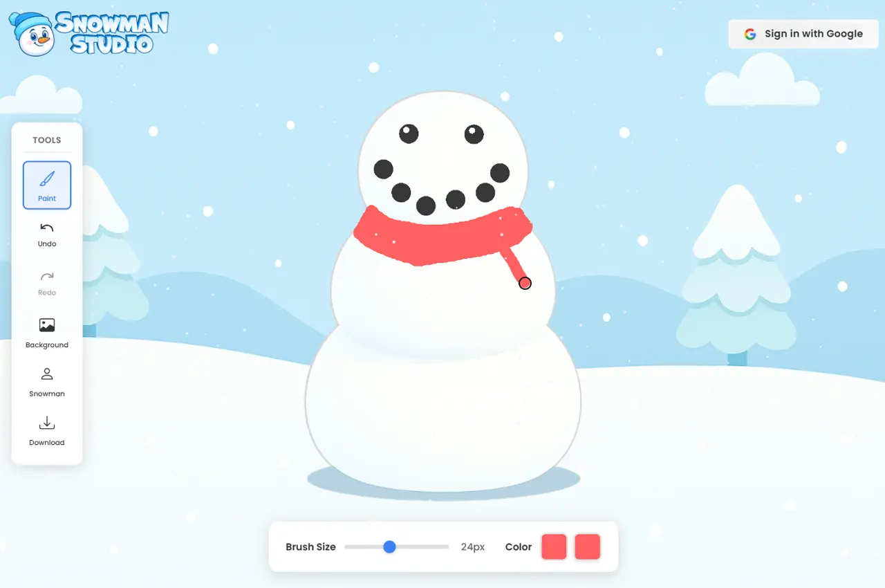 User drawing on a snowman using Snowman Studio brush tools online