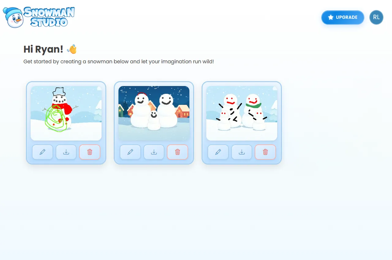 Saved snowman designs in user dashboard ready to edit or download