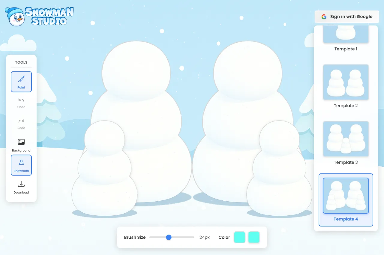 Screenshot of Snowman Studio showing options to create snowman families and snow-pets