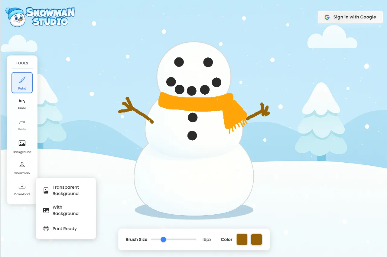 Snowman Studio export screen with options for background, transparent PNG, and high-resolution download